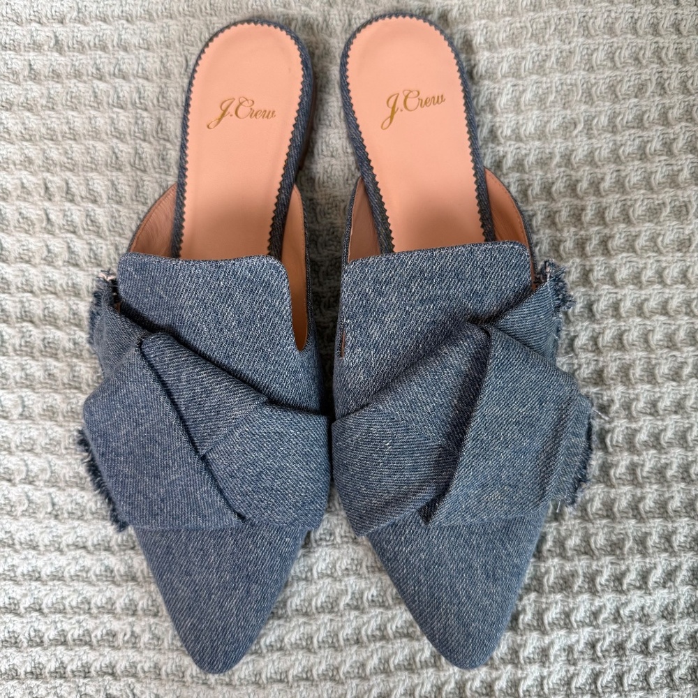 J.Crew Pointed Toe Denim Slides Shoes Womens 8.5 Blue Mules Preppy Flats K0009 - Picture 2 of 7